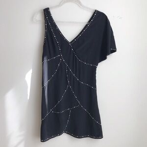 Bebe SILK asymmetrical sleeve studded dress